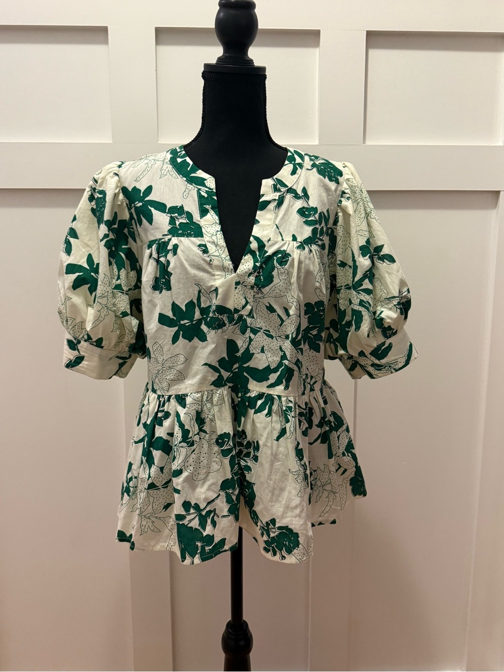 Entro White Tunic with Green Floral Print and Puff Sleeves